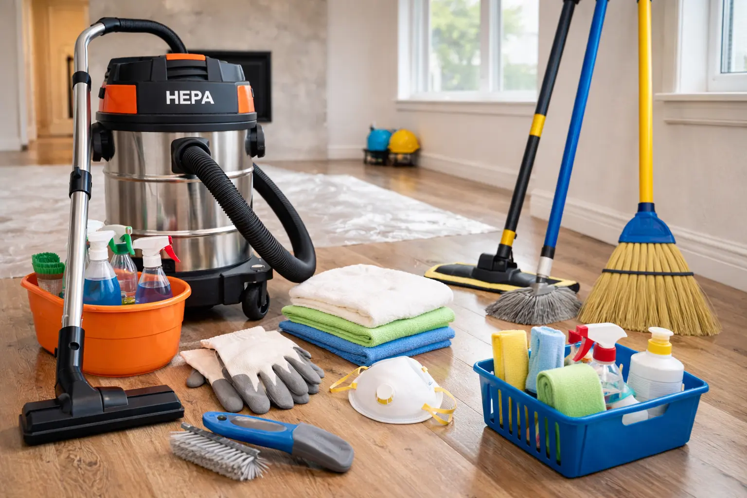 Professional cleaning supplies prepared for a detailed construction clean